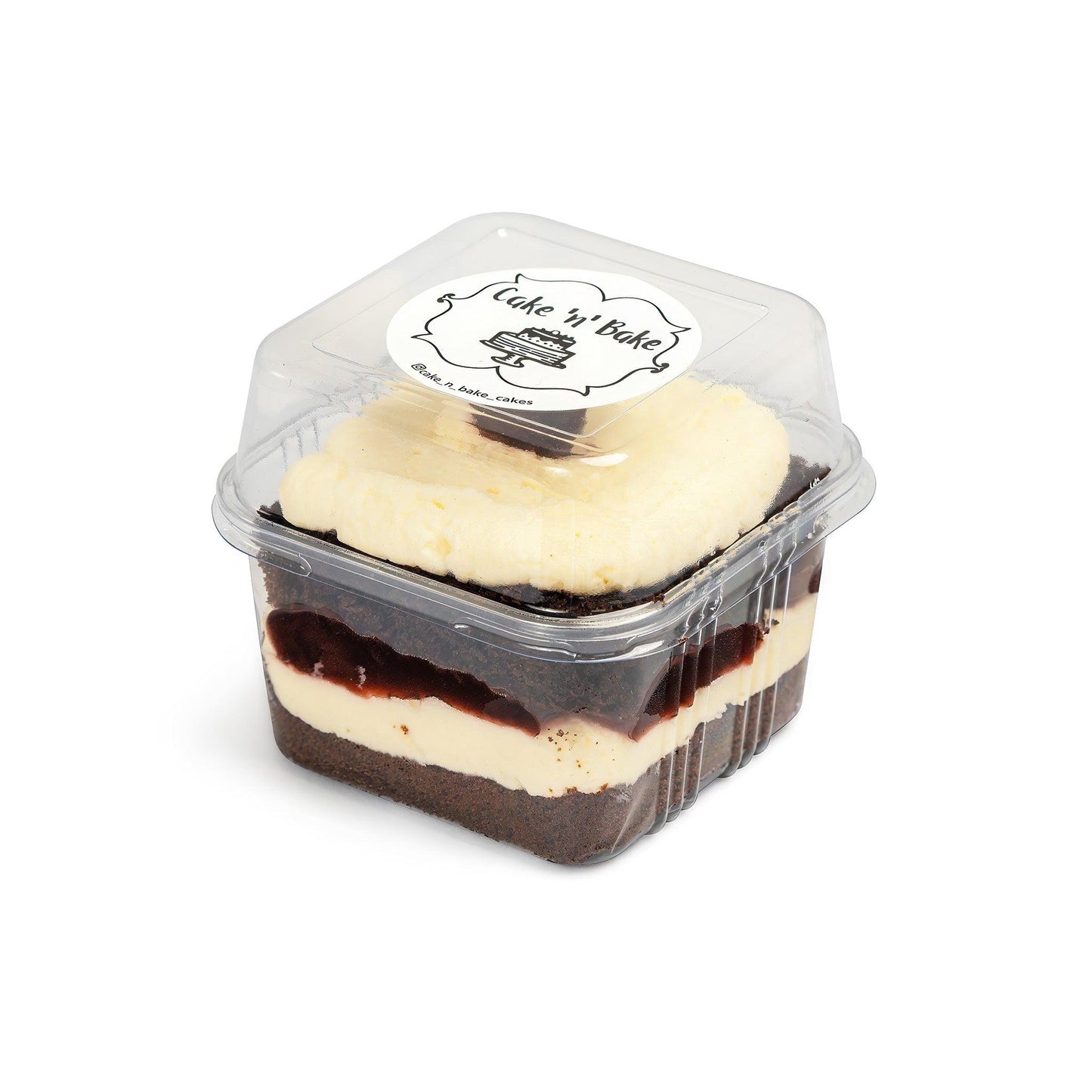 Choco-Cherry Cake Cup in a clear container with the Cake N’ Bake logo, showcasing rich layers of chocolate cake, cream, and cherry filling, perfect for individual servings.