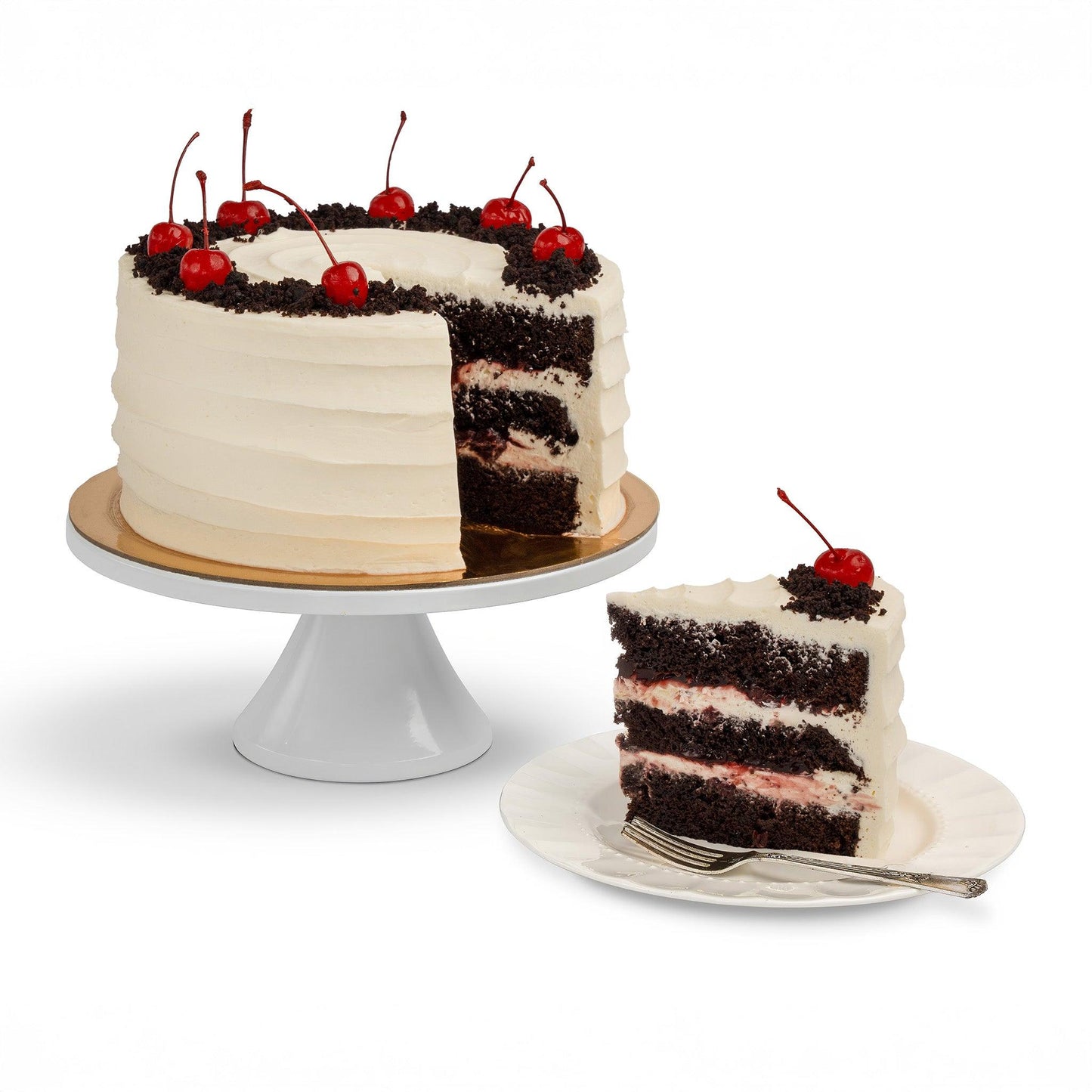 A Choco-Cherry Cake with a slice served on a plate, showcasing layers of rich chocolate cake, cherry filling, and cream frosting, topped with maraschino cherries and chocolate crumbles.