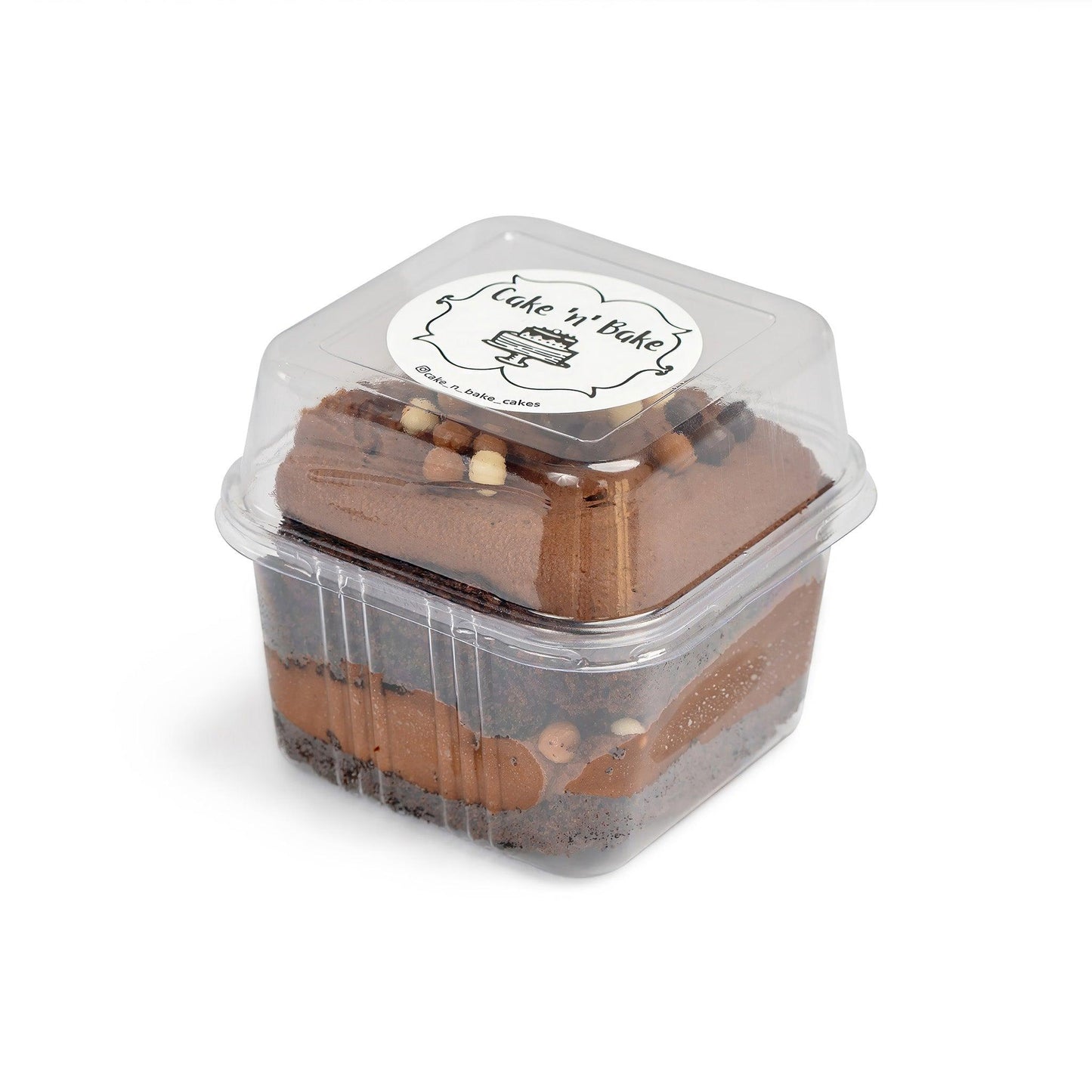 Choco-Nutella Cake Cup in a clear container with the Cake Nā Bake logo, showcasing rich layers of chocolate cake and Nutella frosting, perfect for single servings.